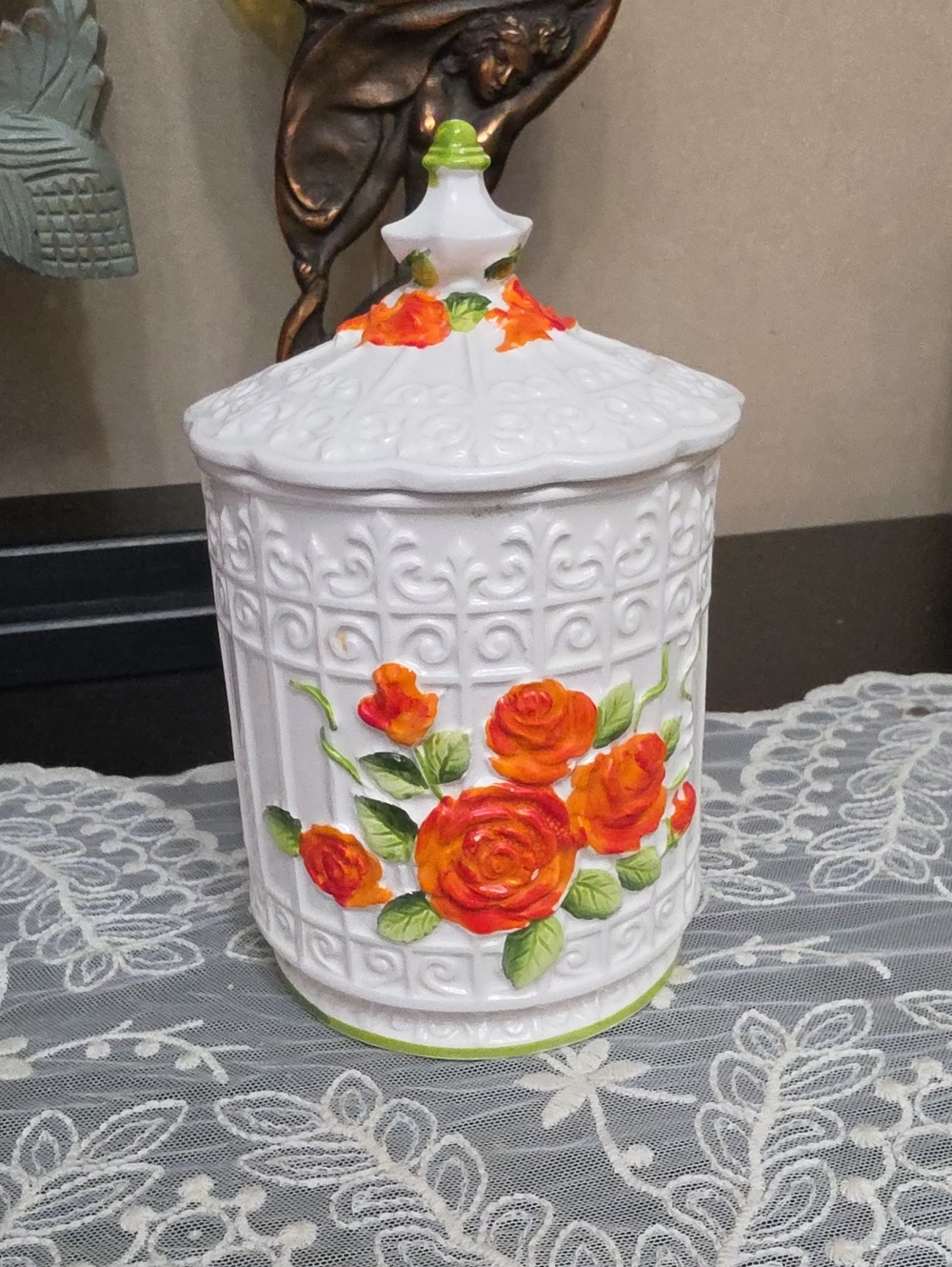 Vtg 1950 White Ceramic Canister with Orange Rose Motif